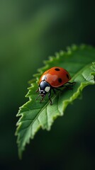Fototapeta premium Ladybug Resting on Vibrant Green Leaf With Dark Background