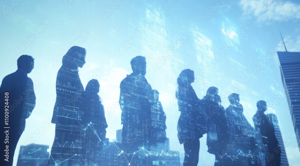 Poster silhouetted businesspeople stand in a city skyline, overlaid with data visualizations symbolizing gl