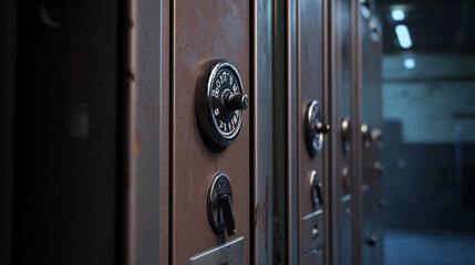 Obraz premium Old Metal Lockers Security Closeup Row of Cabinets Vintage Industrial Rusty Numbered Combination Lock