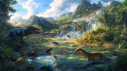 Obraz premium Vibrant Ecosystem with Diverse Lifeforms Thriving Together