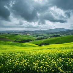 Fototapeta premium Tuscany landscape with flowering fields and stormy sky,