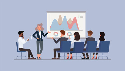 Training session with a corporate trainer presenting to a group of new employees character vector illustration design.