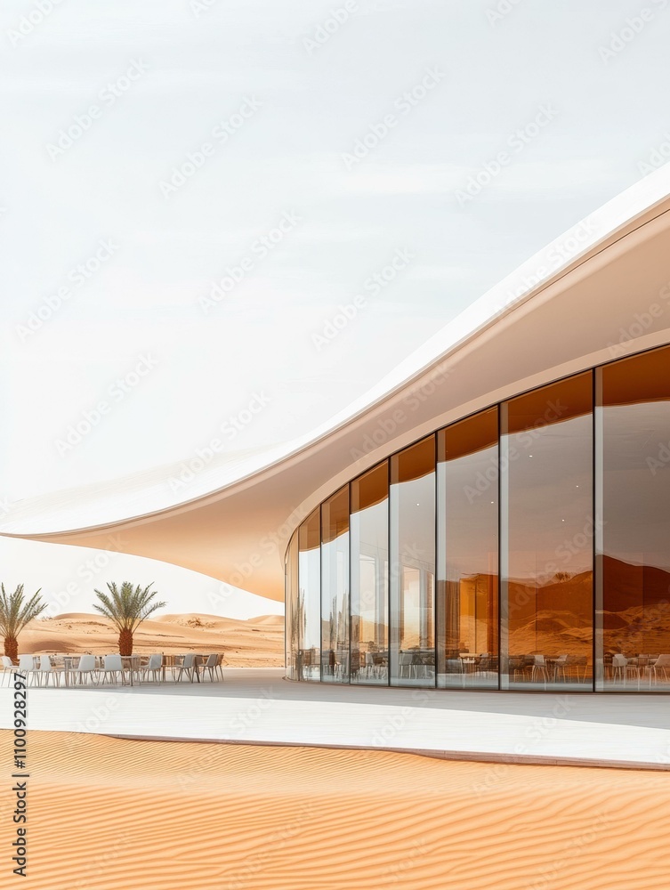 Wall mural Modern desert architecture.  A sleek building blends seamlessly with the sand dunes. AI.