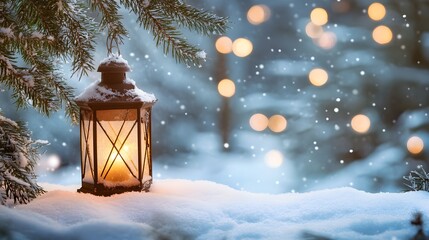 Snow covered lantern glows softly in winter wonderland