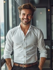 Fototapeta premium A smiling man in a crisp white shirt. AI.
