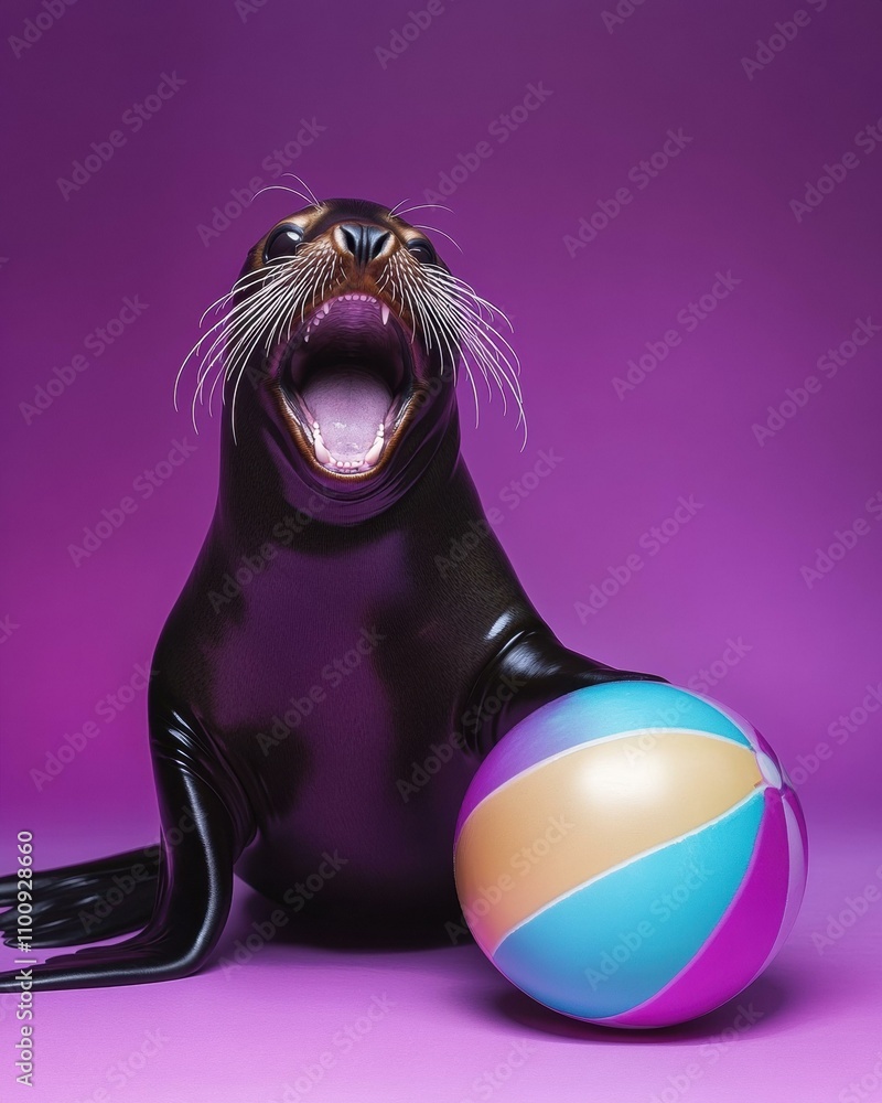 Wall mural Playful seal with beach ball. AI.