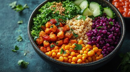 A colorful buddha bowl with chickpeas, barley, kale, red beans, cucumber, and red pepper sauce.