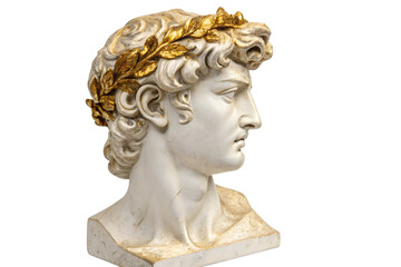 Obraz premium A marble head sculpture with a golden laurel wreath adorning its curly hair, emphasizing stoic expression and the elegance of Greco-Roman art, isolated on a transparent background
