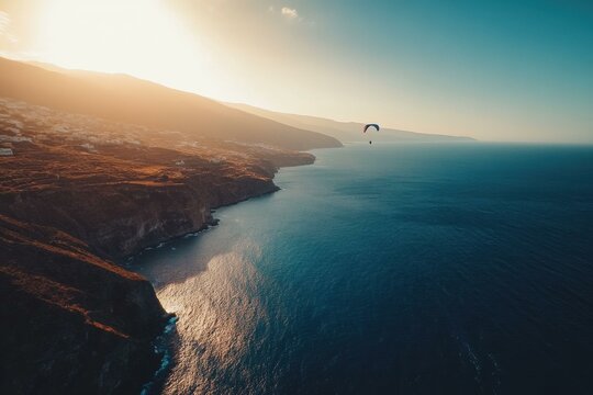 Paraglider soaring over a dramatic coastline at sunset. AI.
