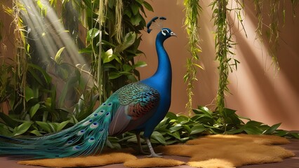 Naklejka premium A majestic blue peafowl with iridescent feathers, gleaming eyes, and a statuesque neck perched regally amidst a tapestry of vibrant green jungle foliage, with delicate tendrils and leafy branches, sur