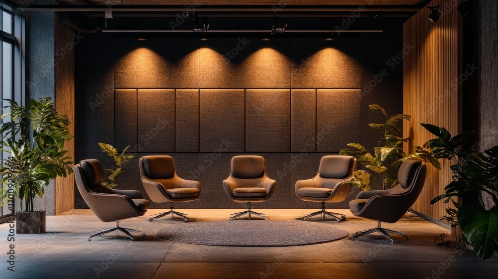 Poster professional interview studio setup with five executive-style chairs under warm spotlighting, surrou
