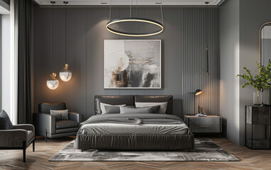 Modern interior design of the hotel bedroom in gray tones with black elements