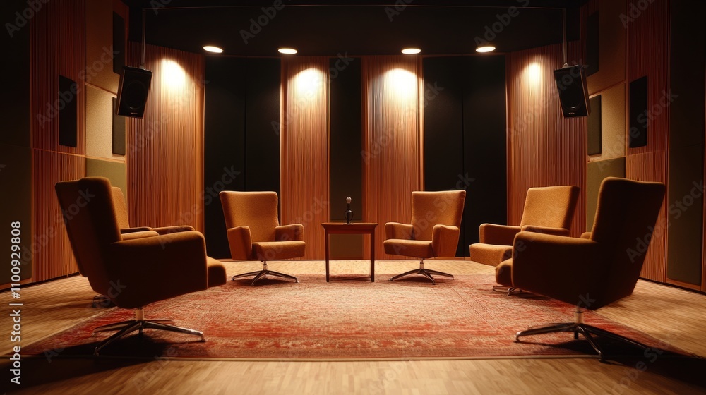 Poster professional interview studio setup with five executive-style chairs under warm spotlighting, surrou