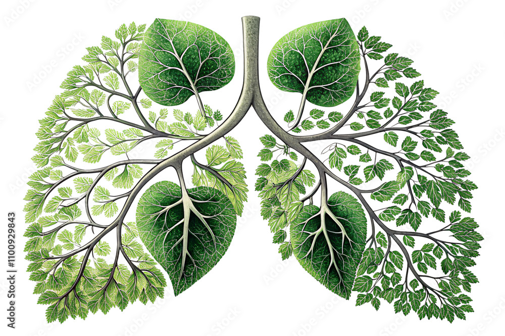 Poster a stylized representation of lungs merging anatomical accuracy with artistic foliage, displaying dee