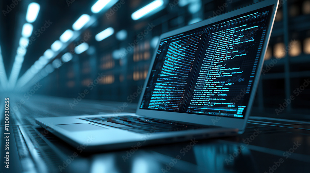 Poster modern laptop displaying code in high tech workspace, illuminated by blue lights, creates futuristic