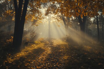 Obraz premium Sunbeams pierce through misty autumn forest, illuminating a leaf-strewn path. Serene, magical atmosphere.