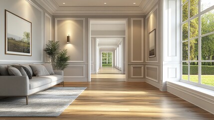 A spacious, elegantly designed hallway with natural light and modern decor.