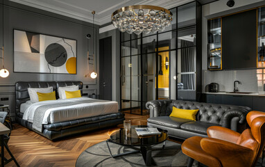 Fototapeta premium OUTIQUE HOTEL living dining fusion style between cottage and nordic, yellow accents, kelly hoppen style 
