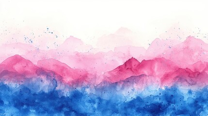 Abstract watercolor landscape in pastel hues of pink and blue, showcasing ethereal mountains with a soft blending of colors against a light background