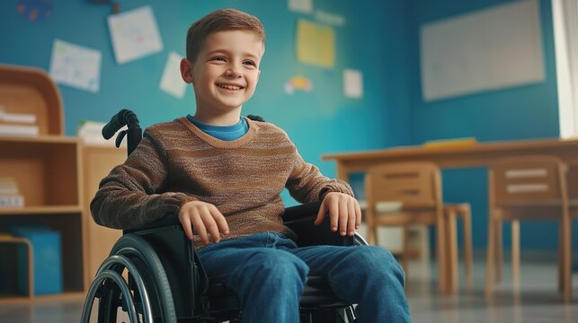 Happy disabled schoolboy in wheelchair. Young boy with disability in inclusive school classroom. Diversity equality inclusion in primary education