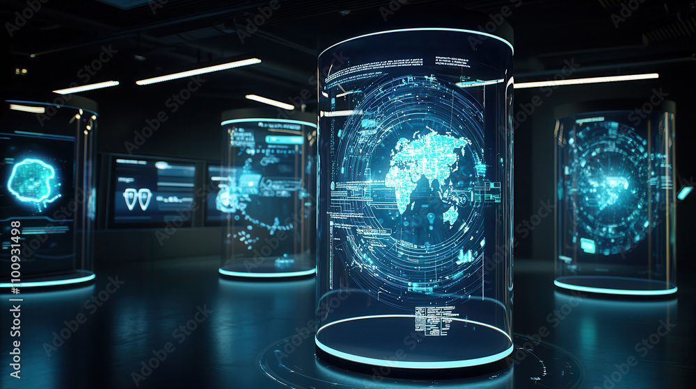 Aufkleber modern office with holographic screens showcasing global data and analytics. futuristic environment 