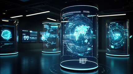 Modern office with holographic screens showcasing global data and analytics. futuristic environment emphasizes technology and innovation, creating immersive experience