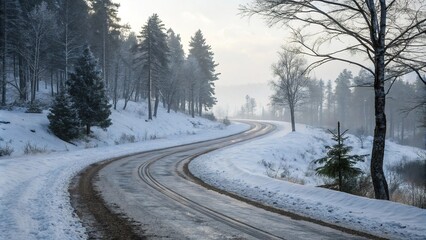 Fototapeta premium A winding road through dirty snow with tire tracks and trees on both sides, tree, overgrown, scenic, landscape