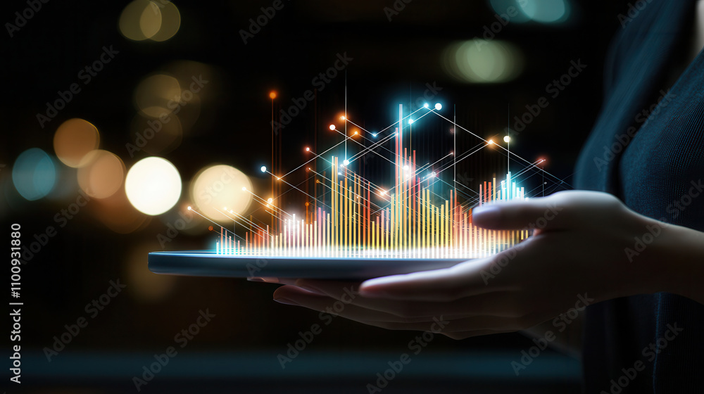 Poster person holding tablet displaying colorful analytics and data visualization, showcasing modern techno