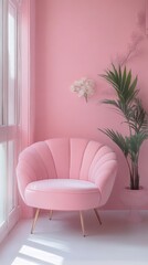 Pink Velvet Dreams: A luxuriously soft pink velvet armchair with gold accents, perfectly complements the vibrant pink wall, creating a captivating atmosphere of modern elegance and serene comfort.