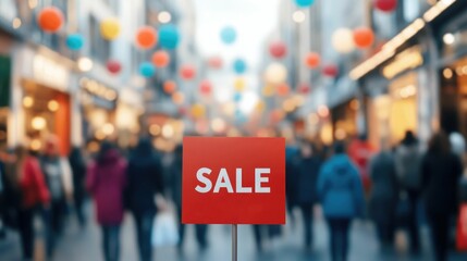 Colorful sale sign with festive holiday and large crowd of shoppers in busy retail stores depicting the pre Black Friday shopping frenzy and excitement