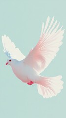Fototapeta premium Serene Flight of Peace: A gentle dove in flight, wings spread wide, embodies serenity and hope against a soft, pale blue background. This image evokes feelings of tranquility and peace.