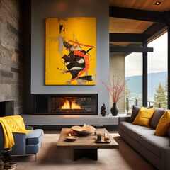 OUTIQUE HOTEL living dining fusion style between cottage and nordic, yellow accents, kelly hoppen style 