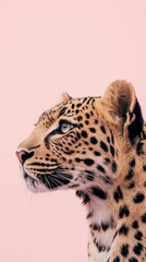 Leopard Gaze: Profile of a majestic leopard against a soft pink background. Captivating feline portrait with intricate spots and intense gaze. 