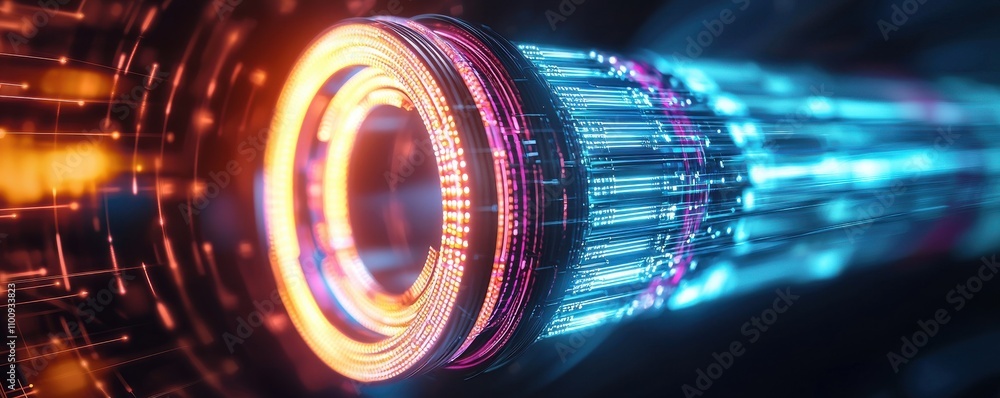 Poster fiber optic concept. a vibrant, futuristic visualization featuring glowing circular and linear patte