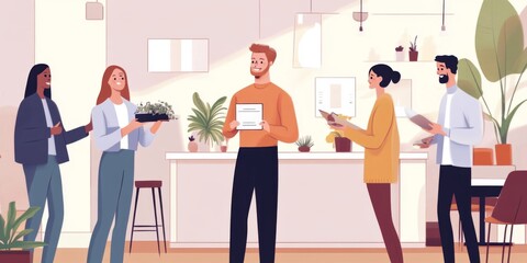 A team member receiving an employee of the month award in a cheerful office gathering