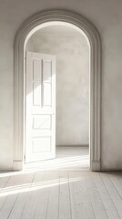 Fototapeta premium Open Doorway to New Beginnings: A minimalist photo of an arched doorway with a white door ajar, bathed in soft sunlight. The open door symbolizes opportunity, new beginnings.