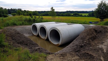 Triple Concrete Culvert Pipes Construction in Rural Landscape under Cloudy Sky