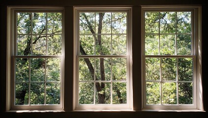 Serene View Through Triple Pane Windows: Summer Sunlight Illuminates Lush Green Foliage