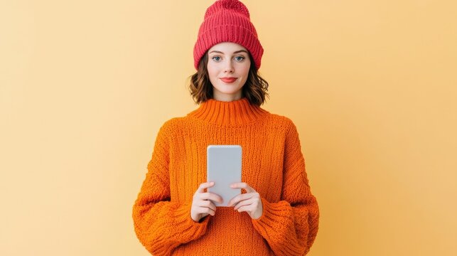 Cheerful young woman in casual winter outfit scrolling through mobile phone and browsing online shopping deals discounts and holiday promotions on digital marketplace platform