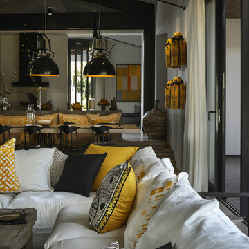 OUTIQUE HOTEL living dining fusion style between cottage and nordic, yellow accents, kelly hoppen style 