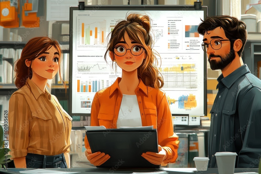 Poster three young professionals stand in front of a whiteboard covered in charts and graphs, looking at da