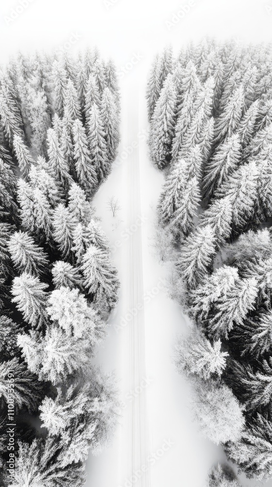Poster snowy path through the pines: a winter wonderland scene captured from above, showcasing a snow-cover