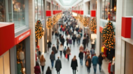 Busy in store holiday shopping scene with festive trees and sale promotion signs attracting a large crowd of shoppers during the seasonal shopping rush
