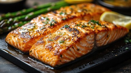 Close-up of grilled salmon fillets with asparagus spears and lemon wedges on a wooden board.