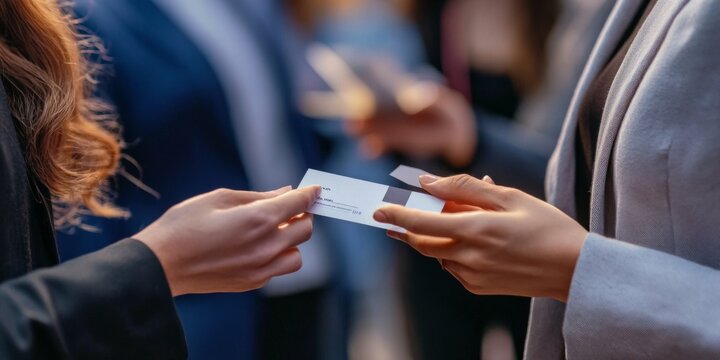 A professional networking event with attendees exchanging business cards and ideas