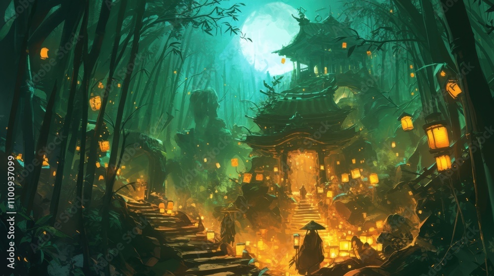 Poster a mysterious path winding through a dense bamboo forest its twisting vines and organic lanterns cast