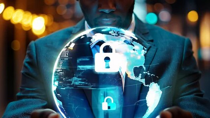 A man in formal attire interacts with a holographic globe displaying security features, symbolizing advancements in global cybersecurity.
