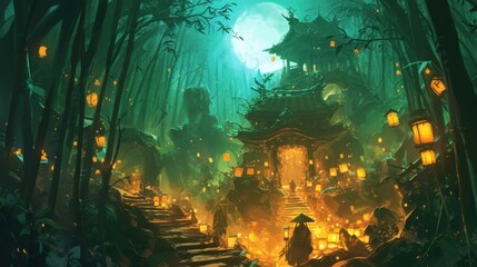 Naklejka premium A mysterious path winding through a dense bamboo forest its twisting vines and organic lanterns casting an otherworldly glow.