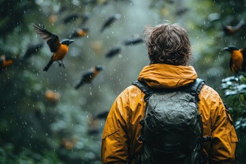 A lone hiker in a yellow jacket stands in a rainforest, surrounded by a flock of birds taking flight. The air is filled with mist and rain, creating a sense of mystery and wonder.
