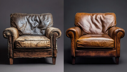 Old leather armchair before and after restoration
